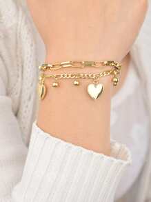 1pc Unisex Couple Bracelet, Vintage Fashionable Double-Layer Heart Design, Multi-Element Chain, Personalized Street Hip-Hop Luxury Titanium Steel Bracelet Accessories