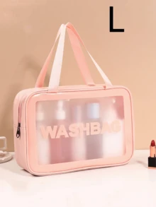 1 pezzo Borsa da toilette da viaggio in PVC trasparente rosa + pelle, organizer trasparente per il trucco da donna, borsa impermeabile per la conservazione dei cosmetici, adatta per la cura della pelle e il trucco da donna per la spiaggia/viaggio, per vacanze, bagno, camera da letto, grande capienza