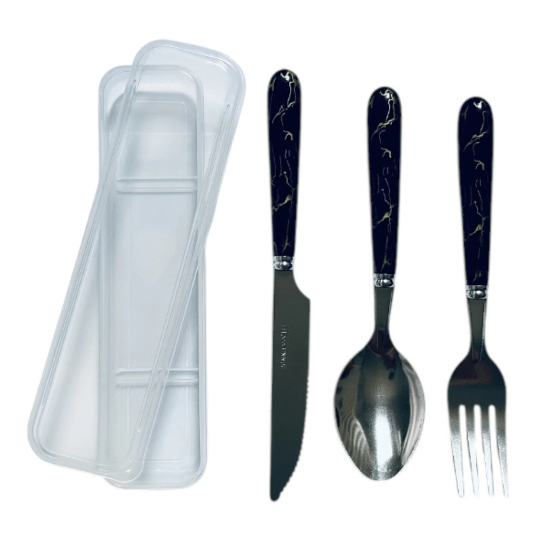 Kit Set Of 3 Stainless Steel Cutlery Set Case Fork Knife Lunch Box Travel Practical Portable Bag - Đen và Vàng - Xem 1