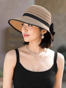 1 pièce Chapeau de paille de protection solaire d'été pour femmes - Chapeau à large bord simple et à la mode, casquette de soleil polyvalente avec nœud décoratif, convient pour la protection solaire d'été