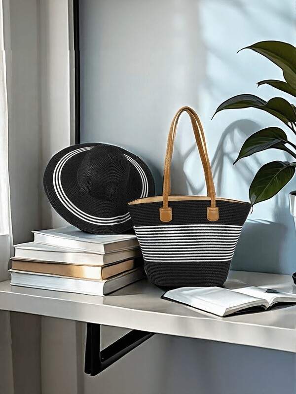 1 Set Vacation Casual Contrast Color Stripe Straw Hat + 1 Straw Bag