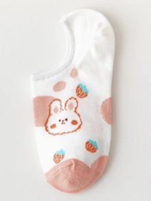 5 Pairs Breathable & Moisture-Wicking Cute Strawberry & Rabbit Design Ankle Socks, No Show Socks, Non-Slip - Multicolor - View 11