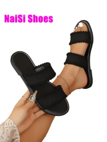 女士休闲圆头编织一脚蹬平底凉鞋，系带简约平底凉鞋，舒适适合旅行、海滩、夏季、白色、棕色、黑色、豹纹、碎花