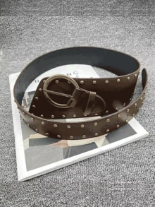 1pc Punk Style Rivet Decor Leather Belt With Buckle, Fashion Versatile Waist Strap - Coffee - View 11