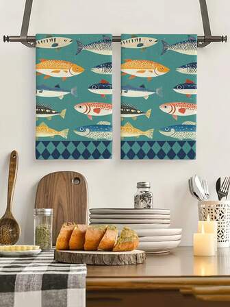 2 件鱼形厨房毛巾和洗碗布，海洋风格，吸水快干，超柔软超细纤维材质，矩形 40*60 厘米数码印花图案，适用于家庭厨房装饰、户外派对装饰