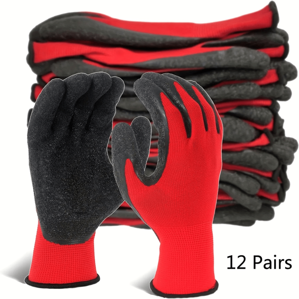 12 Paar Unisex-Nylon-Sicherheitsarbeitshandschuhe mit atmungsaktiver Latex-Beschichtung, Alkoholfrei, ideal für Bau, Lager, Garten und Landschaftsgestaltung