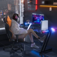 HLDIRECT Gaming Desk With LED Lights Carbon Fibre Surface Gaming Table Large Computer Desk Ergonomic Home Office Desks Z Shaped PC Gamer Workstations With Cup Holder & Headphone Hook - 黑色 - 查看 2