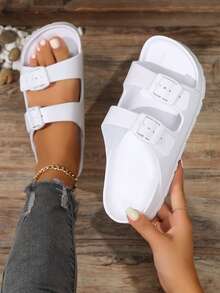Women's White Sandals With Double Straps, EVA Slide Slippers With Buckle, Non-Slip, Lightweight, Durable, Soft, Comfortable, Shock-Absorbing, Suitable For Outdoor Beach - White - View 2