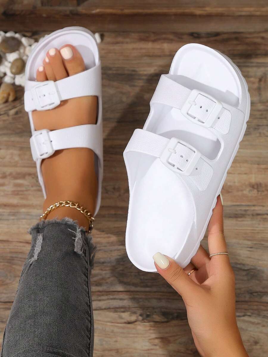 Women's White Sandals With Double Straps, EVA Slide Slippers With Buckle, Non-Slip, Lightweight, Durable, Soft, Comfortable, Shock-Absorbing, Suitable For Outdoor Beach