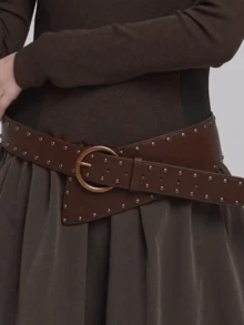 1pc Punk Style Rivet Decor Leather Belt With Buckle, Fashion Versatile Waist Strap - Coffee - View 4