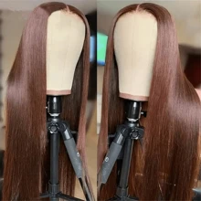 HJ WEAVE BEAUTY Perruques marron chocolat 13x4 Lace Front Wig, cheveux humains naturels, perruques brésiliennes lisses pour femmes, pré-épilées, aspect naturel avec cheveux de bébé, densité 180
