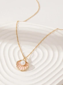 1pc Elegant Boho Ocean Shell Pearl Pendant Necklace, Women's Gold Jewelry Accessories, Beach Ornament, Summer, Beach Vacation - Gold - View 5