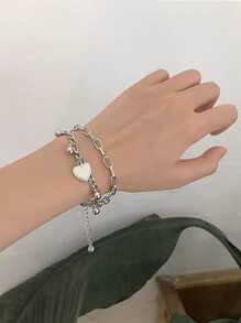 1pc Unisex Couple Bracelet, Vintage Fashionable Double-Layer Heart Design, Multi-Element Chain, Personalized Street Hip-Hop Luxury Titanium Steel Bracelet Accessories