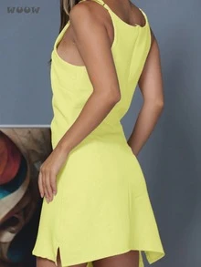 WUUW Women's Fashion Dress, Solid Color Cropped Short Skirt, New Top, Adjustable Party Midi Skirt - 黃色 - 查看 5