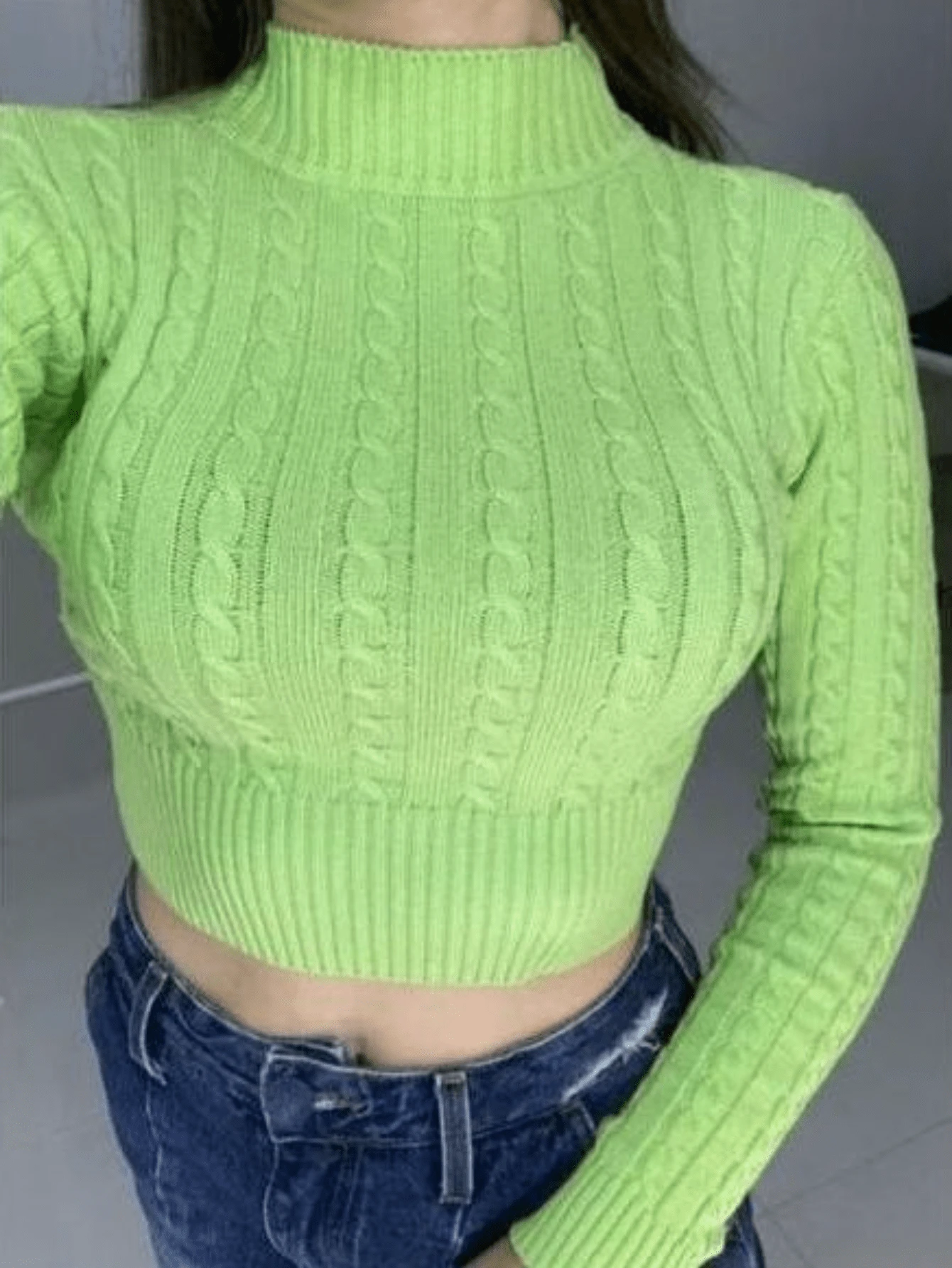 Cropped Long Sleeve Ribbed Modal Knit Women's Blouse Boat Neck Winter Fashion Knit - Lime Green - View 1