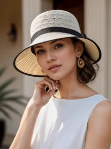 1 pièce Chapeau de paille de protection solaire d'été pour femmes - Chapeau à large bord simple et à la mode, casquette de soleil polyvalente avec nœud décoratif, convient pour la protection solaire d'été