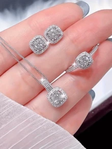 4 件/套 - 女孩优雅方晶锆石首饰套装 | 女孩奢华项链耳环戒指 | 完美的日常装扮和礼物选择！