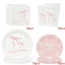 Set de 10 piezas/20 piezas/50 piezas/80 piezas de suministros para fiesta de cumpleaños con moños rosas, que incluye platos, servilletas, vasos y vajilla para decoración de fiesta de princesa o despedida de soltera - Multicolor - Ver 7