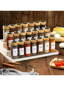 圣诞节12件套圆形调料罐，每罐容量90毫升，配有带旋转盖的调料嘴和强力密封圈，竹制玻璃调料收纳盒，包含漏斗、标签和笔套装。家居装饰新年礼物 - 無色 - 查看 5