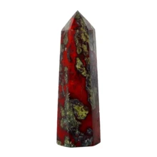 1pc Bohemian Style Natural Bloodstone Obelisk, Pyramidal Top Hexagonal Prism Cut Mineral Stone, Dotted Patterned - Red - View 1