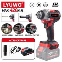 LYUWO Power Tool, Rechargeable Lithium Battery, 420N. M Electric High Torque Wrench, Suitable For Small And Medium-Sized Car Maintenance And Stage Bracket Maintenance. It Can Rotate Clockwise Or Counterclockwise And Can Be Equipped With A Drill Bit. It Is Dual-Use And Has LED Lights. Drill Bits And Accessories Are Given As Gifts