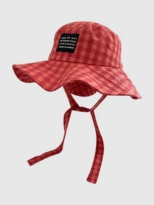 1 peça Vintage Check Pattern Applique Contraste Cor Cordão Aba Chapéu Bucket, Boho Vacay Primavera/Verão Chapéu de Sol, Brilhante Monocromático Look Amarrado Chapéu de Proteção Solar, Adequado para Diário Ao Ar Livre, Viagens de Lazer e Férias