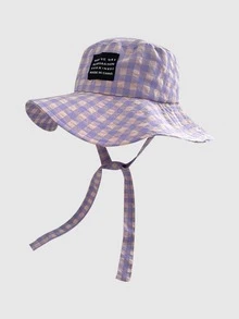 1 peça Vintage Check Pattern Applique Contraste Cor Cordão Aba Chapéu Bucket, Boho Vacay Primavera/Verão Chapéu de Sol, Brilhante Monocromático Look Amarrado Chapéu de Proteção Solar, Adequado para Diário Ao Ar Livre, Viagens de Lazer e Férias