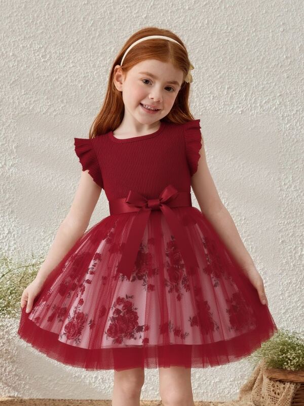 Young Girl Elegant Batwing Sleeve Mesh Contrast Dress, Summer New Arrival