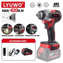 LYUWO Power Tool, Rechargeable Lithium Battery, 420N. M Electric High Torque Wrench, Suitable For Small And Medium-Sized Car Maintenance And Stage Bracket Maintenance. It Can Rotate Clockwise Or Counterclockwise And Can Be Equipped With A Drill Bit. It Is Dual-Use And Has LED Lights. Drill Bits And Accessories Are Given As Gifts
