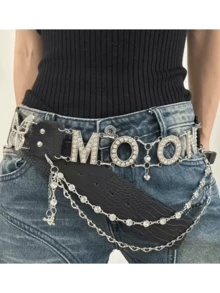 1pc Letter Retro PU Leather Crocodile Print Rhinestone Studded Moon/Light Buckle Decorative Belt, Y2K Abby Girl Streetwear Style, Versatile For Jeans, Skirts, Photography Prop Summer, School Fall, Autumn, Halloween - Multicolor - View 13
