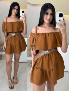 Women's Jumpsuit Dress, Off The Shoulder, Loose  Style, Dune Fabric, Summer Fashion. - 駝色 - 查看 2