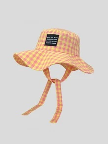 1 peça Vintage Check Pattern Applique Contraste Cor Cordão Aba Chapéu Bucket, Boho Vacay Primavera/Verão Chapéu de Sol, Brilhante Monocromático Look Amarrado Chapéu de Proteção Solar, Adequado para Diário Ao Ar Livre, Viagens de Lazer e Férias