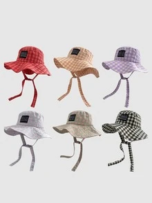 1 peça Vintage Check Pattern Applique Contraste Cor Cordão Aba Chapéu Bucket, Boho Vacay Primavera/Verão Chapéu de Sol, Brilhante Monocromático Look Amarrado Chapéu de Proteção Solar, Adequado para Diário Ao Ar Livre, Viagens de Lazer e Férias