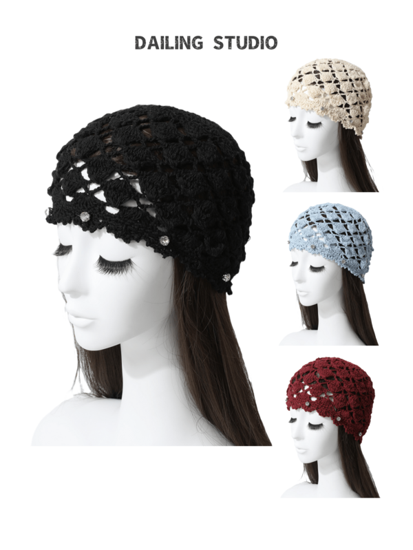 1 pieza Sombrero de sol de mujer hecho a mano con ganchillo, de primavera/verano, de red transpirable con flores, decorado con strass, elegante vintage, de punto y versátil