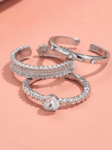 3 件套简约锆石金属开口戒指套装，女性小众设计高端简约休闲日常指环