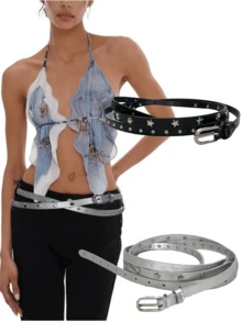 1pc Star Print Bohemian PU Leather Super Long Double Layer Wrapped Stars Rivet Skinny Waist Belt, Sexy Punk Retro Y2K Style Versatile Accessory For Skirt/Pants Summer, School Fall, Autumn, Halloween - Multicolor - View 3