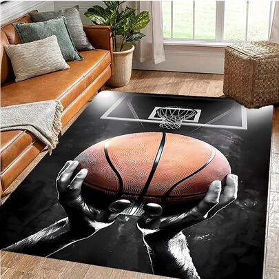 1pc Basketball Pattern Design Carpet,Modern Art Design Floor Mat,Polyester Fiber, Non-Slip Backing, Machine Washable, Versatile Indoor/Outdoor Use, Home Decor Carpet For Living Room, Bedroom, Dining Room, Camping