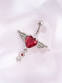 2025 Latest Zinc Alloy Heart-Shaped Angel Wing Pendant Stainless Steel Zirconia Navel Piercing Jewelry, To Match Red Customer