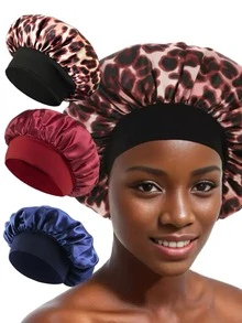 3件装女士缎面豹纹时尚高弹宽檐圆帽，别致睡帽，护发头巾，日常居家睡眠帽 - 水母型 - 查看 2