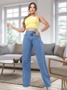 1pc Mujer Moda Cintura Alta Jeans Denim, Estilo Casual, Color Sólido, Tejido Elástico, Ajuste Suelto, Pantalones Largos de Pierna Ancha con Cremallera Incorporada, Sin Cinturón, Adecuado para Todas las Estaciones - azul real - Ver 4