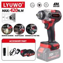 LYUWO Power Tool, Rechargeable Lithium Battery, 420N. M Electric High Torque Wrench, Suitable For Small And Medium-Sized Car Maintenance And Stage Bracket Maintenance. It Can Rotate Clockwise Or Counterclockwise And Can Be Equipped With A Drill Bit. It Is Dual-Use And Has LED Lights. Drill Bits And Accessories Are Given As Gifts