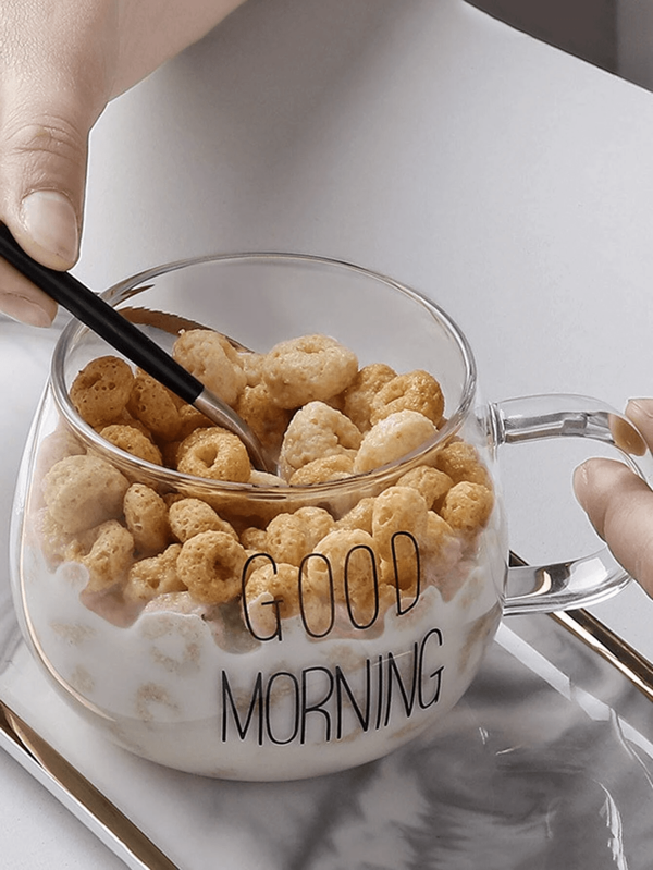 1pc Heat Resistant Glass Milk Cup With Handle, Breakfast Cereal Cup, Microwave Safe Glass Tea Cup, Large Belly Mug(Without Spoon, It Needs To Be Purchased Separately)