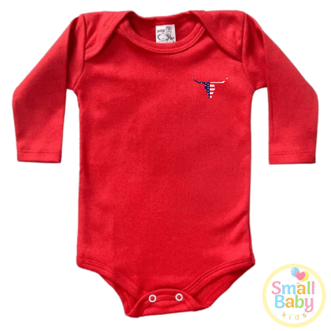 Bodysuit Bebê Infantil Texas Boi USA Pequeno Country Sertanejo Cowboy Manga Longa|Festa Junina - Vermelho - Visão 1