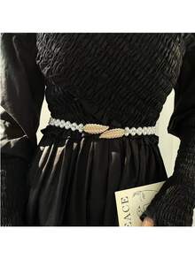 金色金属箔和仿珍珠弹力腰带/链条，适合夏季、秋季、万圣节等场合。