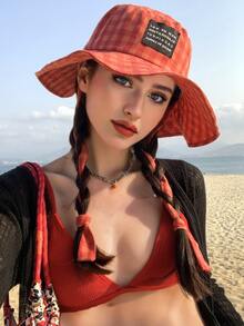 1 peça Vintage Check Pattern Applique Contraste Cor Cordão Aba Chapéu Bucket, Boho Vacay Primavera/Verão Chapéu de Sol, Brilhante Monocromático Look Amarrado Chapéu de Proteção Solar, Adequado para Diário Ao Ar Livre, Viagens de Lazer e Férias