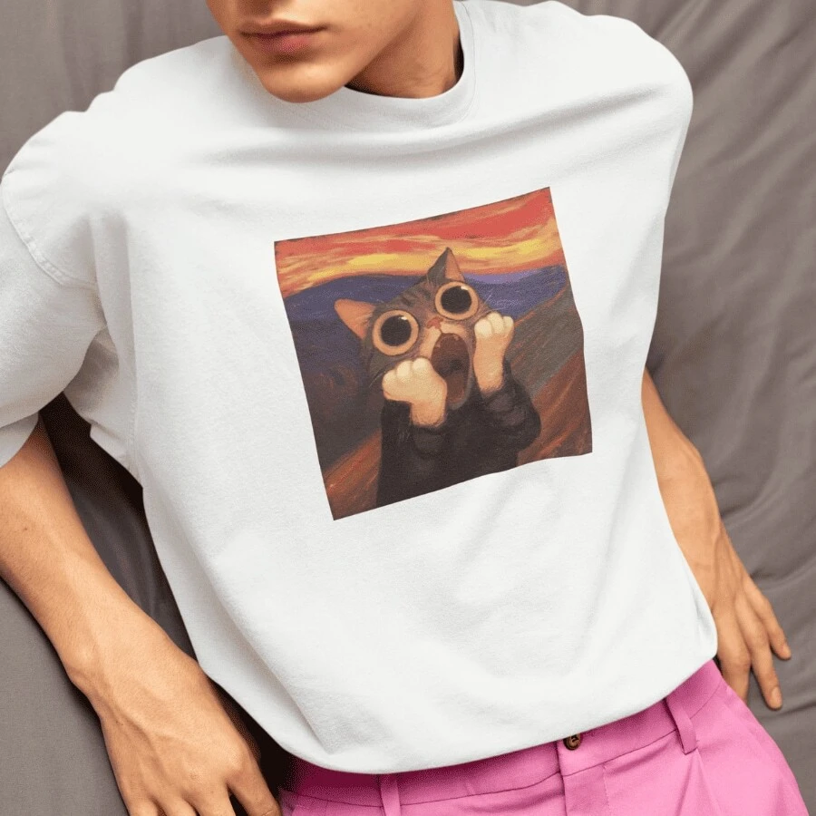 Camiseta "El Grito versión gato" | Arte parodiado estilo meme | 100% poliéster suave - Blanco - Ver 1