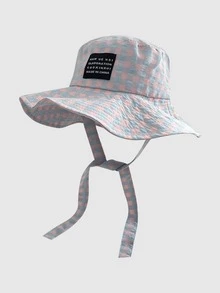 1 peça Vintage Check Pattern Applique Contraste Cor Cordão Aba Chapéu Bucket, Boho Vacay Primavera/Verão Chapéu de Sol, Brilhante Monocromático Look Amarrado Chapéu de Proteção Solar, Adequado para Diário Ao Ar Livre, Viagens de Lazer e Férias