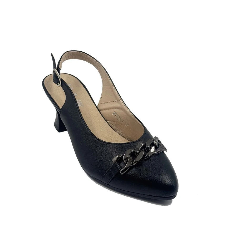 Scarpe da donna con tacco basso con cinturino a catena decorativo e chiusura con fibbia, semplici, eleganti, moda orientale, alla moda - nero - Visualizzare 1