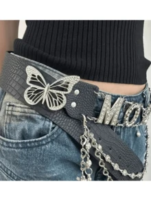 1pc Letter Retro PU Leather Crocodile Print Rhinestone Studded Moon/Light Buckle Decorative Belt, Y2K Abby Girl Streetwear Style, Versatile For Jeans, Skirts, Photography Prop Summer, School Fall, Autumn, Halloween - Multicolor - View 4