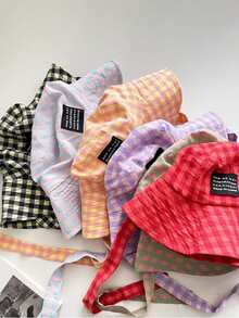 1 peça Vintage Check Pattern Applique Contraste Cor Cordão Aba Chapéu Bucket, Boho Vacay Primavera/Verão Chapéu de Sol, Brilhante Monocromático Look Amarrado Chapéu de Proteção Solar, Adequado para Diário Ao Ar Livre, Viagens de Lazer e Férias